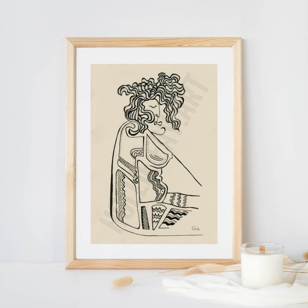 Art print celebrating the natural beauty of women with a beige background and abstract lines depicting real body elements, encouraging self-expression and embracing imperfections.