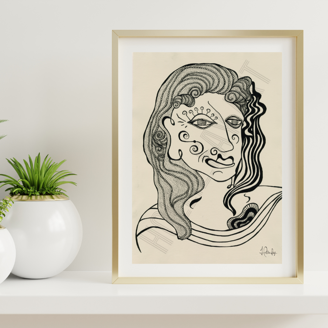 Abstract art print inspired by the South Indian matriarch Big Ammachi from 'The Covenant of Water' by Abraham Verghese, symbolizing wisdom and aging.