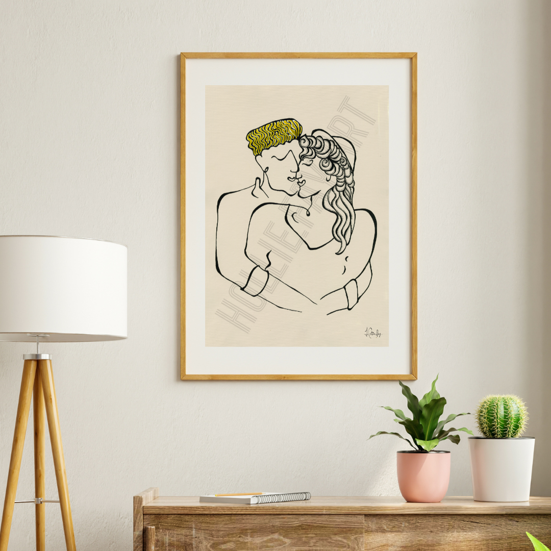 Art print titled 'Infatuation,' depicting the vibrant thrill of new love with bold colors and dynamic lines, available individually or as part of a 3-piece collection including 'Treasured' and 'Devoted.