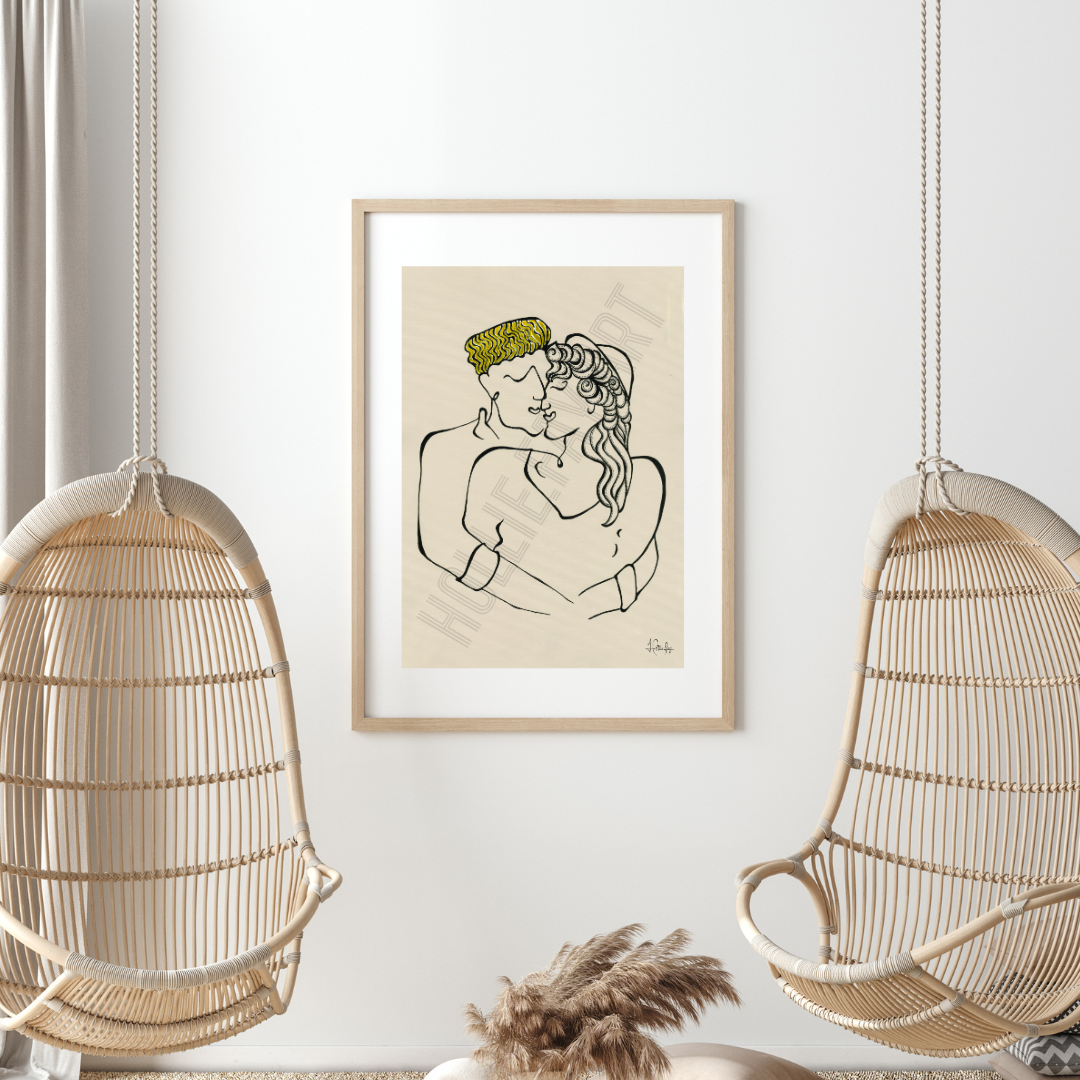 Print titled 'Infatuation,' representing the initial spark of new romance with vivid hues and expressive lines, available as a standalone piece or within a 3-piece set including 'Treasured' and 'Devoted.