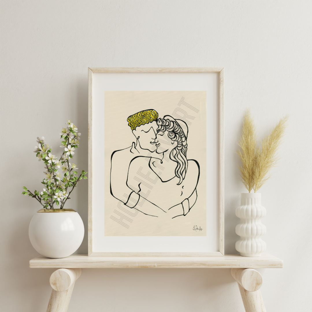 Dynamic art print celebrating the early stages of love, 'Infatuation,' with vibrant colours and bold patterns, part of a collection that includes 'Treasured' and 'Devoted.