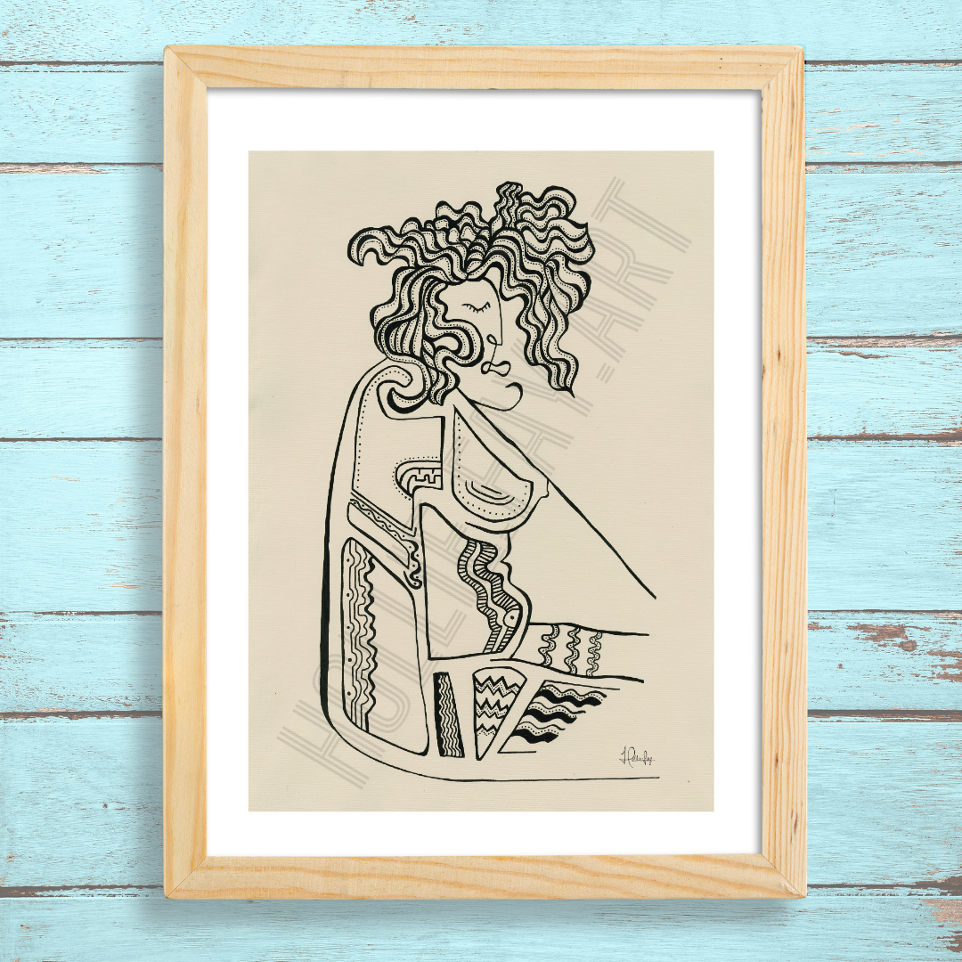 Abstract art print featuring a beige background with black acrylic lines depicting a wobbly belly, stretch marks, and untamed hair, celebrating the natural beauty of womanhood.