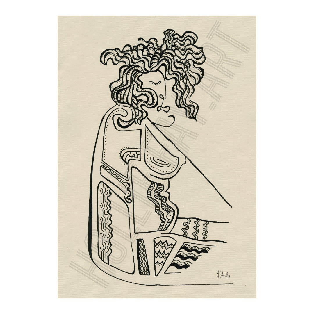 Art print highlighting the real, unfiltered essence of the female form with a beige background and expressive black lines, emphasizing imperfections and self-acceptance.
