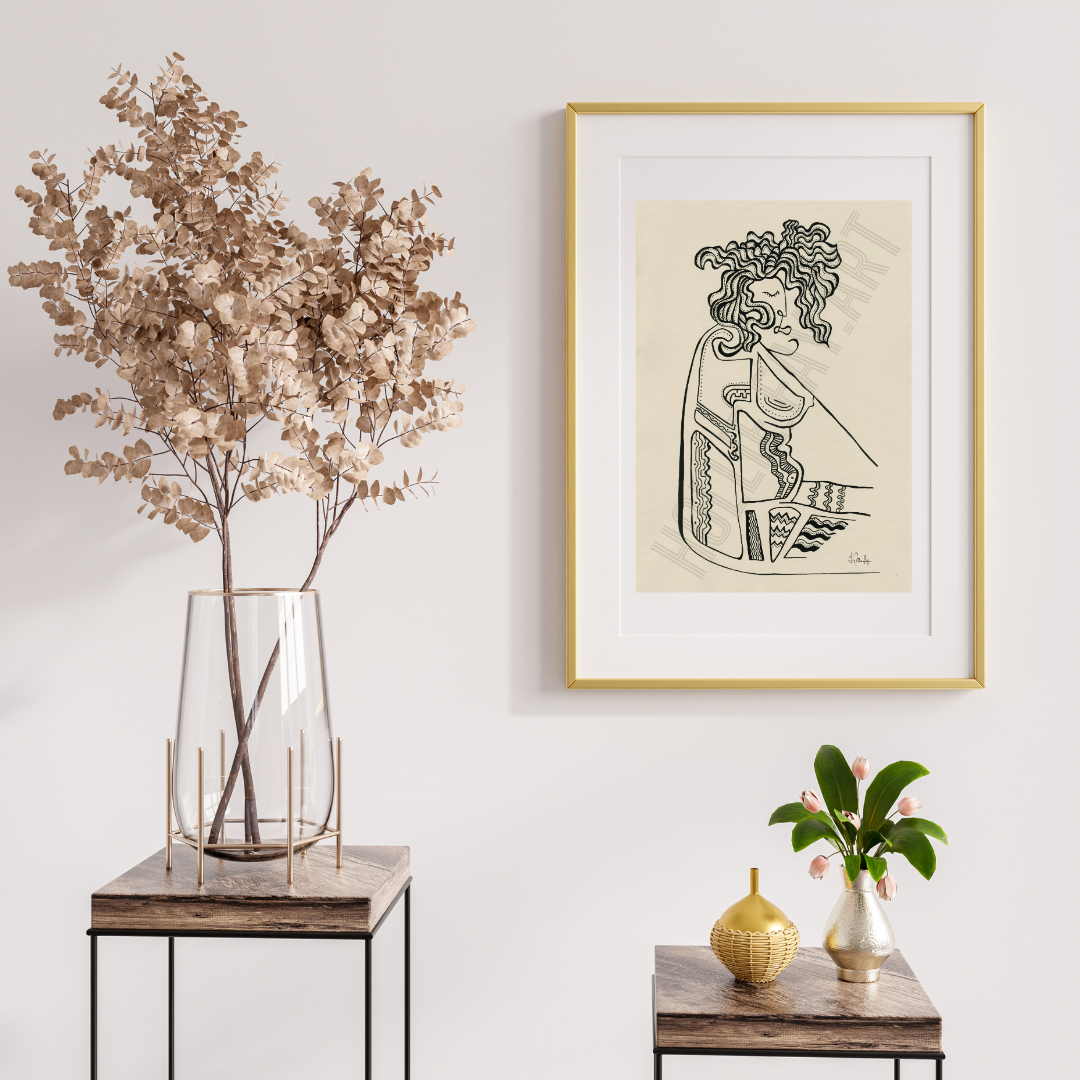 Black acrylic line drawing on beige background capturing the beauty of a wobbly belly and untamed hair, inviting appreciation of the female form's inherent beauty.